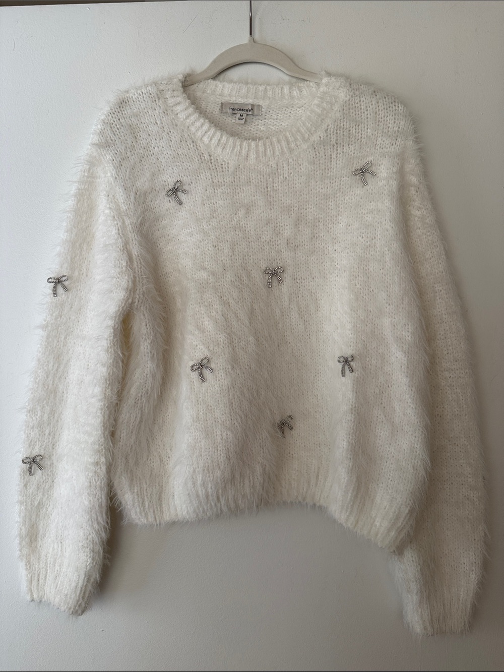 Bow White Fuzzy Crewneck Sweater